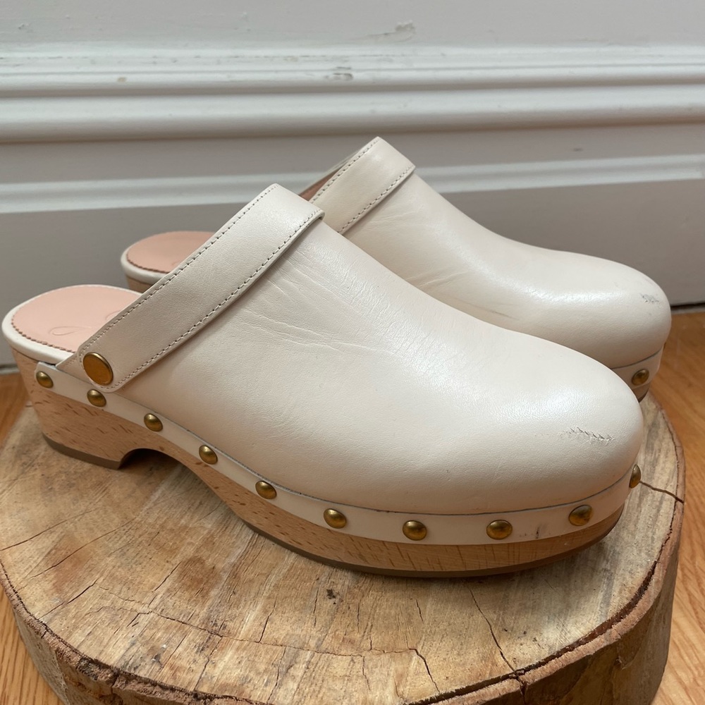 J. Crew Off-White Leather Clogs with Wooden Base